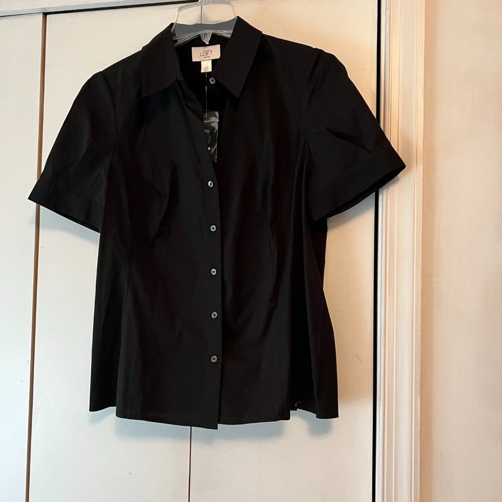 Loft Short Sleeve Black Button Down Blouse - 12P